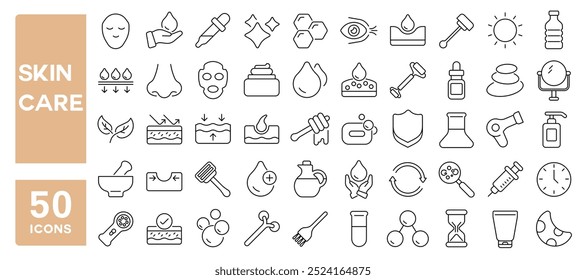 Set of 50 line icons related to skin care, mask, dermatology, hydrating, protection, face, hygiene, Editable stroke. Vector illustration