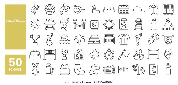 Conjunto de 50 iconos de línea relacionados con voleibol, red, jugador, arena, cancha, juego, competencia, playa, ejercicio, salto, golpe editable. Ilustración vectorial