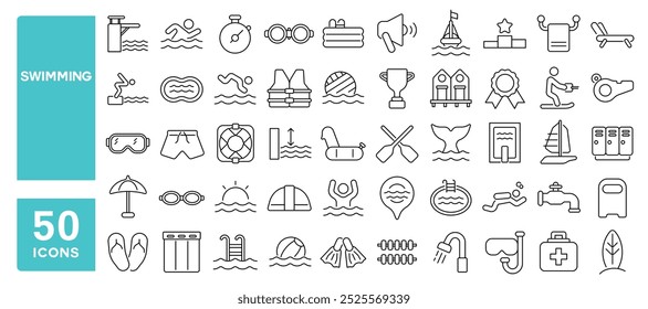 Set of 50 line icons related to swimming, pool, swimmer, river, champion, beach, tropical, sea, cap, goggles, lifeguard, Editable stroke. Vector illustration