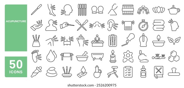 Set of 50 line icons related to acupuncture, needle, acupuncturist, moxibustion, cupping, stimulation, point, body, therapy, Editable stroke. Vector illustration