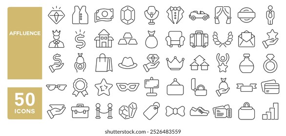 Conjunto de 50 iconos de línea relacionados con la riqueza, lujo, riqueza, vip, riqueza, oro, joyas, caro, villa, diamante, trazo editable. Ilustración vectorial