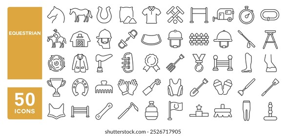 Conjunto de 50 iconos de línea relacionados con la equitación, caballo, caballo, equitación, látigo, snaffle, estribo, guantes, equipo, casco, bota, carrera, silla de montar, almohadilla, golpe editable. Ilustración vectorial