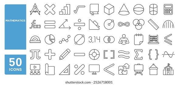 Set of 50 line icons related to mathematics, math, angle, equations, radius, chart, geometry, calculator, sphere, algebra, function, Editable stroke. Vector illustration