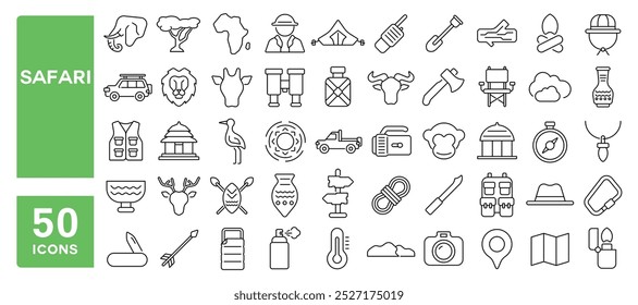 Set of 50 line icons related to safari, africa, wildlife, park, animals, nature, landscape, jungle, Editable stroke. Vector illustration