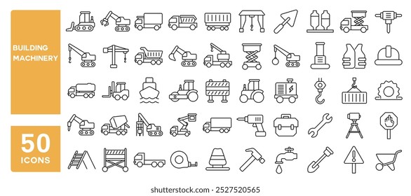 Conjunto de 50 ícones de linha relacionados com a construção de máquinas, construção, veículo, grua, escavadora, escavadeira, trator, carga, carregador, industrial, caminhão, AVC editável. Ilustração vetorial