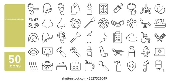 Conjunto de 50 ícones de linha relacionados à otorrinolaringologia, adenoides, garganta, nariz, ouvido, endoscopia, espirro, rinite, bacteriana, tosse, diafanoscopia, AVC editável. Ilustração vetorial