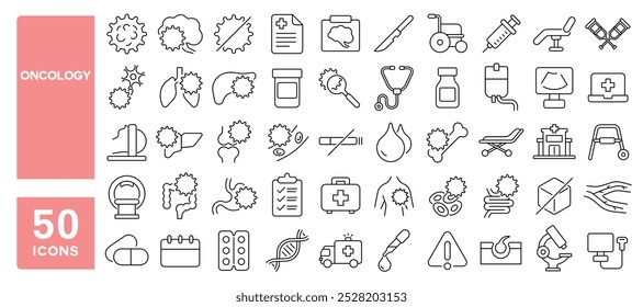 Conjunto de 50 ícones de linha relacionados com oncologia, câncer, tumor, biópsia, radioterapia, biópsia, carcinoma, quimioterapia, AVC editável. Ilustração vetorial