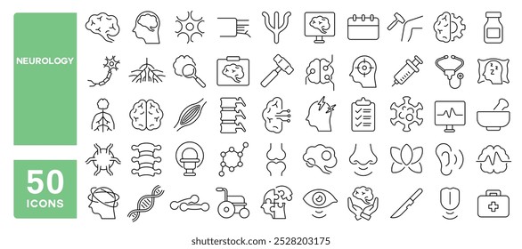 Conjunto de 50 ícones de linha relacionados a neurologia, cérebro, neurônio, medula espinhal, sinapse, mental, neurocirurgia, nervo, AVC editável. Ilustração vetorial