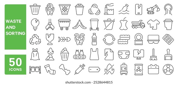 Set of 50 line icons related to waste and sorting, recycling, trash, management, plastic, garbage, dump, landfill, Editable stroke. Vector illustration