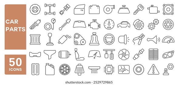 Conjunto de 50 ícones de linha relacionados a peças de carro, motor, roda, chave, pistão, motor, bateria, freio, velocímetro, curso editável. Ilustração vetorial