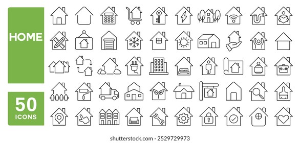 Set of 50 line icons related to home, flat, property, building, city, town, key, moving, location, house, Editable stroke. Vector illustration