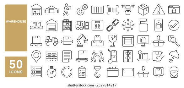 Conjunto de 50 ícones de linha relacionados ao armazém, armazenamento, estoque, porão, depósito, pacote, caixa, inventário, curso editável. Ilustração vetorial