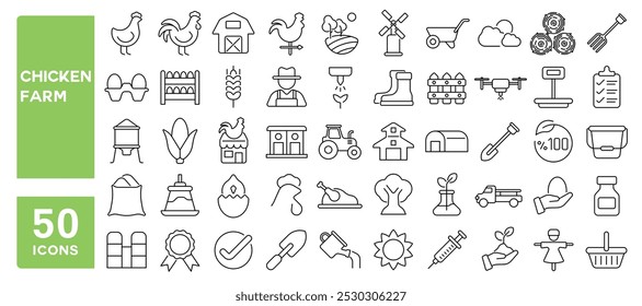 Conjunto de 50 iconos de línea relacionados con granja de pollos, huevo, gallo, pollito, alimentación, vacuna, carne, cosecha, granero, agricultura, aves de corral, golpe editable. Ilustración vectorial