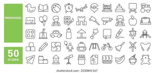 Set of 50 line icons related to preschool, child, kindergarten, kid, cognitive, learn, playground, classroom, daycare, Editable stroke. Vector illustration