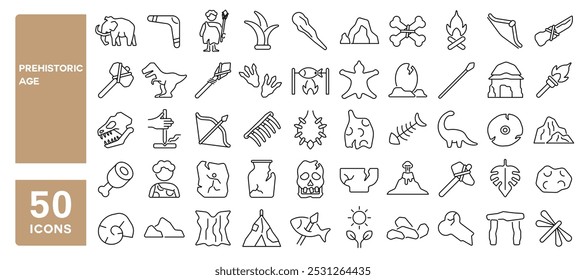 Set of 50 line icons related to prehistoric age, dinosaur, meteorite, primitive, axe, flame, mammoth, cave, fishing, rock, stones, Editable stroke. Vector illustration