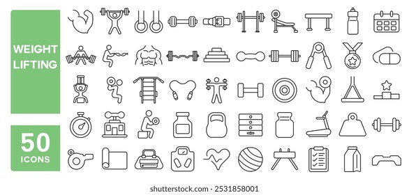 Set of 50 line icons related to weight lifting, gym, barbell, muscle, body, dumbbell, barbell, exercise, treadmill, Editable stroke. Vector illustration