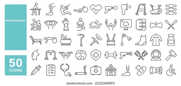 Set of 50 line icons related to physiotherapy, physical, training, exercise, body, chiropractic, rehabilitation, prosthetic, Editable stroke. Vector illustration