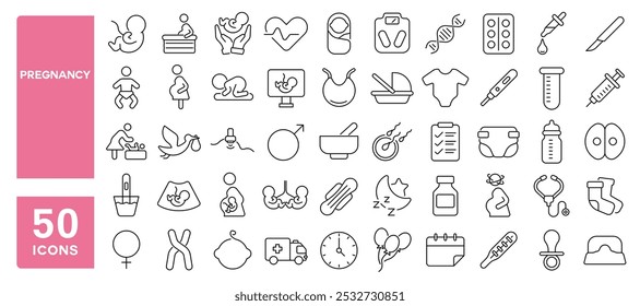 Set of 50 line icons related to pregnancy, pregnant, birth, baby, mother, fertility, fetus, infant, sperm, ovum, Editable stroke. Vector illustration