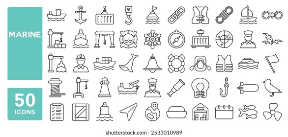 Conjunto de 50 iconos de línea relacionados con marina, puerto, barco, barco, puerto, grúa, muelle, muelle, logística, capitán, astillero, golpe editable. Ilustración vectorial