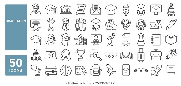 Conjunto de 50 iconos de línea relacionados con la graduación, gorra, diploma, certificado, grado, universidad, instituto, academia, calificación, beca, trazo editable. Ilustración vectorial