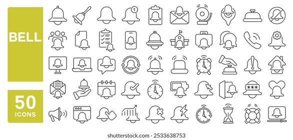 Set of 50 line icons related to bell, notification, reminder, ring, alarm, alert, attention, handbell, Editable stroke. Vector illustration