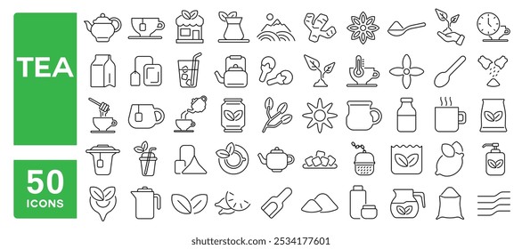 Set von 50 Linien Icons in Bezug auf Tee, Topf, Teekanne, Blätter, Tasse, Glas, Koffein, Becher, frisch, koffeinfarben, heiß, Kräuter, Bearbeitbare Strich. Vektorgrafik