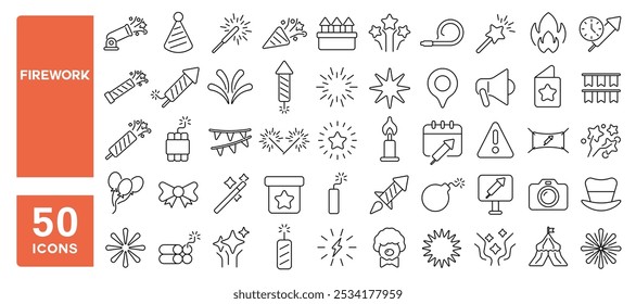 Conjunto de 50 iconos de línea relacionados con fuegos artificiales, pirotecnia, estrellas, celebración, alegre, divertido, brillante, trazo editable. Ilustración vectorial