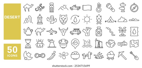 Set of 50 line icons related to desert, sands, cactus, sun, camel, tornado, snake, scorpio, oasis, Editable stroke. Vector illustration