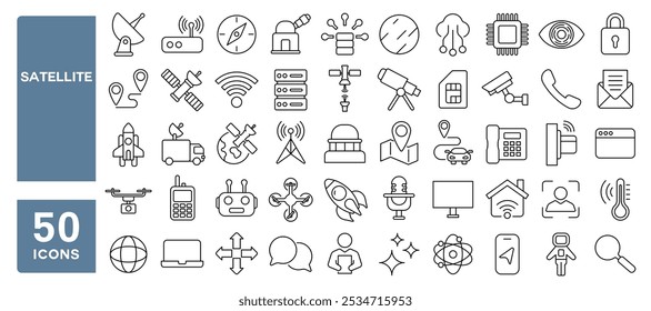 Conjunto de 50 iconos de línea relacionados con satélite, comunicación, mapas, internet, cohete, espacio, telescopio, señal, red, carrera editable. Ilustración vectorial