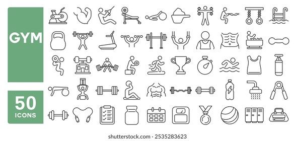 Set of 50 line icons related to gym, training, exercise, workout, equipment, fitness, dumbbell, Editable stroke. Vector illustration