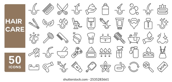 Set of 50 line icons related to hair care, scalp, root, scrub, treatment, coloring, washing, conditioner, Editable stroke. Vector illustration