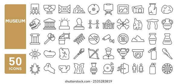 Set of 50 line icons related to museum, sculpture, art, gallery, culture, exposition, antique, history, guide, expo, Editable stroke. Vector illustration