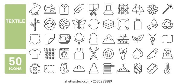 Set of 50 line icons related to textile, wool, fur, corduroy, cotton, bamboo, soft, nylon, corduroy, natural, fiber, Editable stroke. Vector illustration