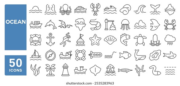 Set of 50 line icons related to ocean, sea, island, ice, waterfall, ferry, ship, whale, turtle, fish, shark, crab, underwater, Editable stroke. Vector illustration