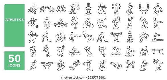 Set of 50 line icons related to athletics, exercises, sports, players, competition, coach, team, training, athletic, Editable stroke. Vector illustration