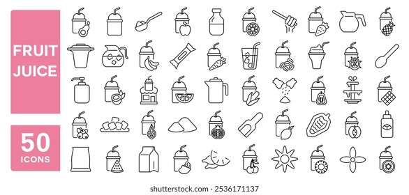 Set of 50 line icons related to fruit juice, fresh, drink, pure, lemon, orange, strawberry, banana, pineapple, ice, Editable stroke. Vector illustration