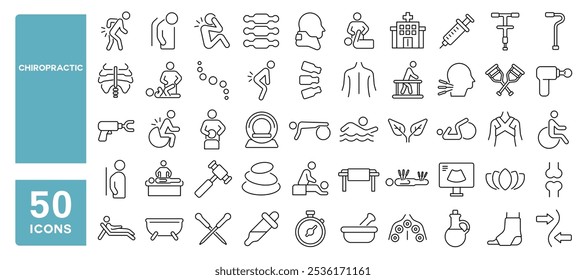 Set of 50 line icons related to chiropractic, spine, joint, restoration, scoliosis, kyphosis, baseline, posture, Editable stroke. Vector illustration