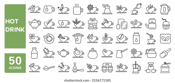 Set of 50 line icons related to hot drink, tea, coffee, teapot, herbs, spices, cinnamon, anise, espresso, steam, Editable stroke. Vector illustration