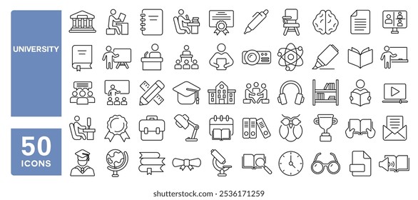 Set of 50 line icons related to university, uni, education, learn, research, academic, degree, discipline, bachelor, faculty, Editable stroke. Vector illustration