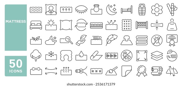 Conjunto de 50 iconos de línea relacionados con colchón, cama, ropa de cama, pluma, almohada, comodidad, algodón, cubierta, cojín, movimiento editable. Ilustración vectorial