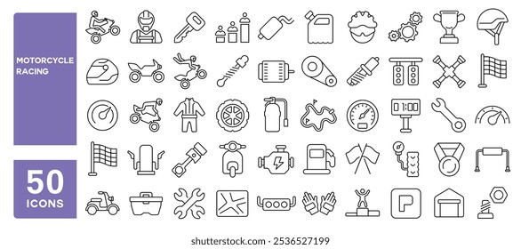 Conjunto de 50 iconos de línea relacionados con las carreras de motos, podio, pista, casco, corredor, conducir, velocidad, ganar, copa, moto, carrera editable. Ilustración vectorial