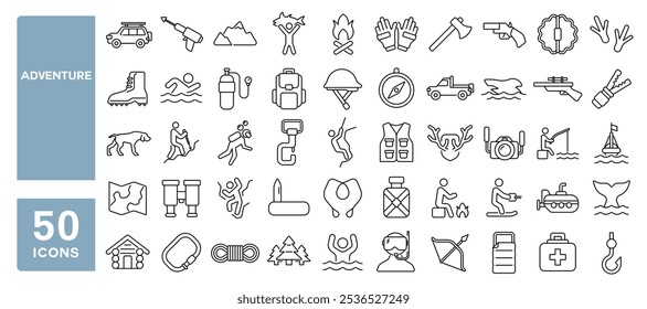 Set of 50 line icons related to adventure, climbing, snorkeling, activity, hike, campfire, lifestyle, quest, Editable stroke. Vector illustration