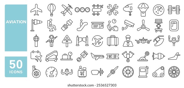 Set of 50 line icons related to aviation, airline, aircraft, flight, transport, plane, jet, aeroplane, copter, Editable stroke. Vector illustration
