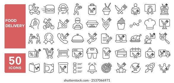 Set of 50 line icons related to food delivery, fast, order, deliver, scooter, bike, feedback, app, menu, Editable stroke. Vector illustration