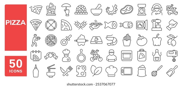 Set of 50 line icons related to pizza, slice, cheese, mushroom, box, oven, cutter, mozzarella, pasta, baker, pie, Editable stroke. Vector illustration