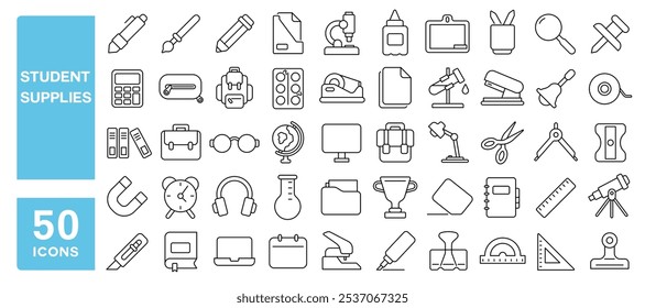 Set of 50 line icons related to student supplies, paper, book, pen, pencil, backpack, paints, ruler, calculator, brush, glue, Editable stroke. Vector illustration