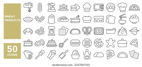 Set of 50 line icons related to wheat products, bread, toast, loaf, lavash, croissant, cake, donut, pancakes, cupcake, oven, flour, Editable stroke. Vector illustration