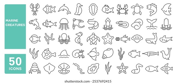 Set of 50 line icons related to marine creatures, fish, whale, shark, turtle, crab, octopus, seahorse, star, jellyfish, dolphin, Editable stroke. Vector illustration