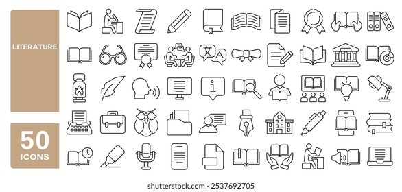 Conjunto de 50 iconos de línea relacionados con literatura, conocimiento, libro, lectura, Biblioteca, poesía, historia, trazo editable. Ilustración vectorial