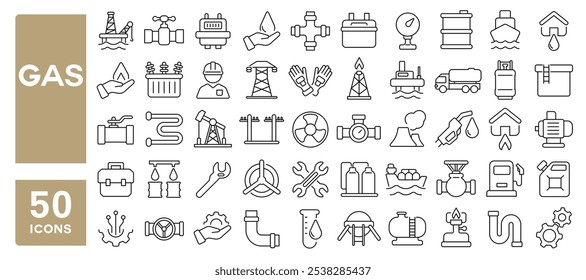 Conjunto de 50 ícones de linha relacionados a gás, natural, petróleo, gasolina, estação, energia, bomba, chama, fóssil, curso editável. Ilustração vetorial